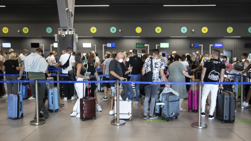 Passengers queue to check in inside Thessaloniki Makedonia Airport (SKG), operated by Fraport Greece, in Thessaloniki, Greece, on Thursday, Sept. 2, 2021. Greeces health minister announced plans in August to impose new measures, including testing requirements and restrictions, covering Sept. 13 to March 31, to slow the spread of the Coronavirus and target unvaccinated people. Photographer: Konstantinos Tsakalidis/Bloomberg via Getty Images